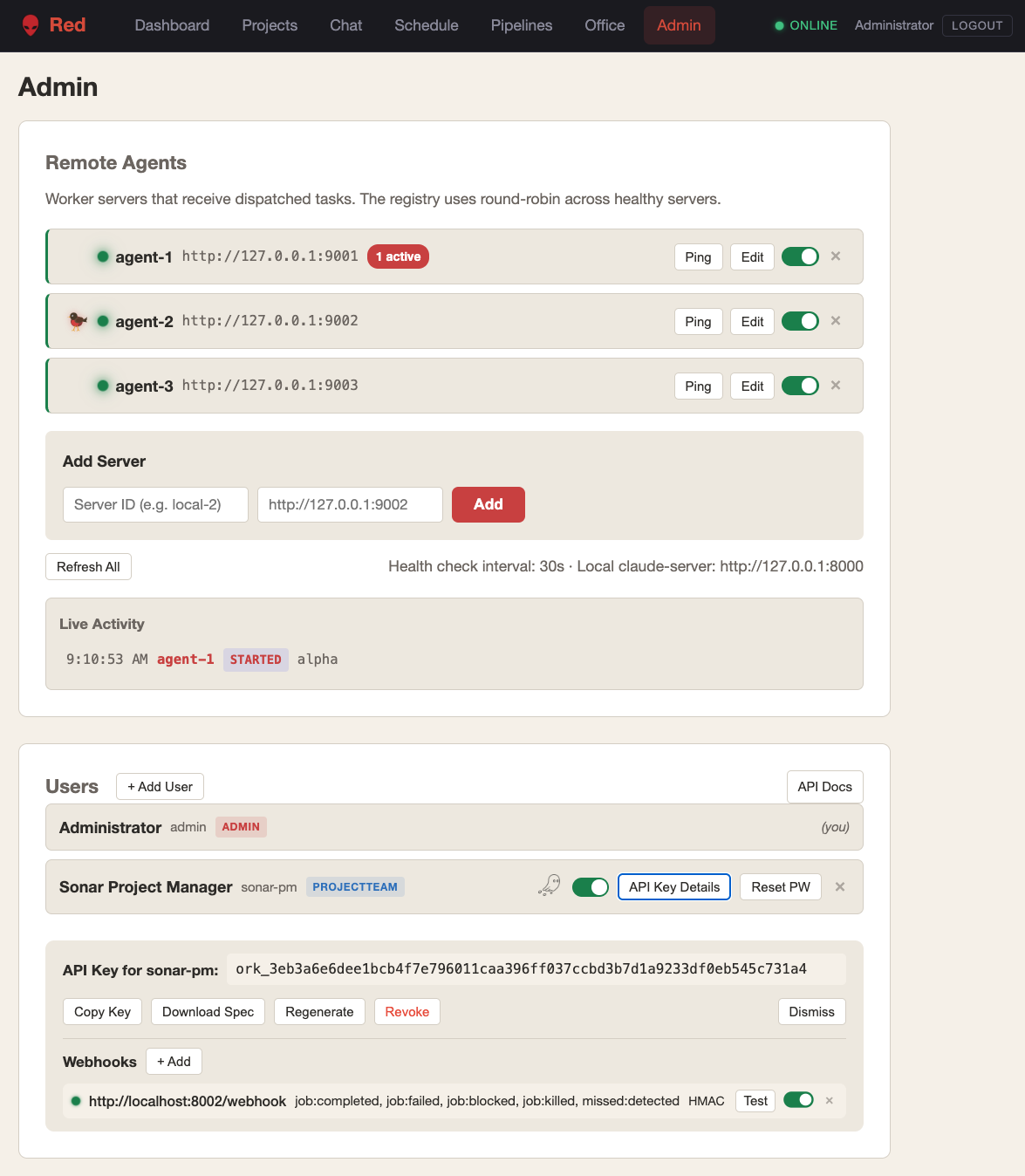 Admin console — agent servers & API key management